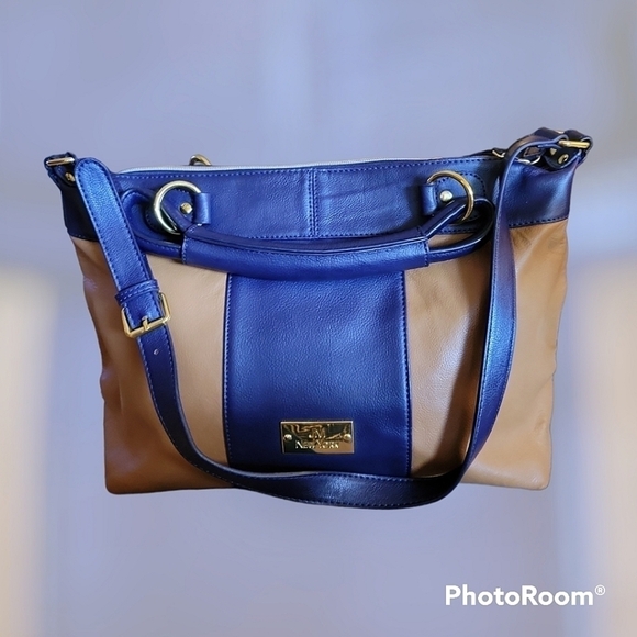 Jm New York Brown Navy Blue Split Leather Large Shoulder Tote Bag - Picture 1 of 12